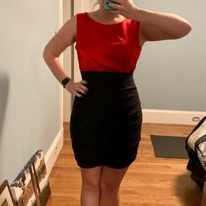 Red and black ruched bodycon dress